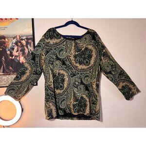 Vintage 90s Y2K Brittany Black Green Sparkly Paisley 3/4 Sleeve Women Shirt